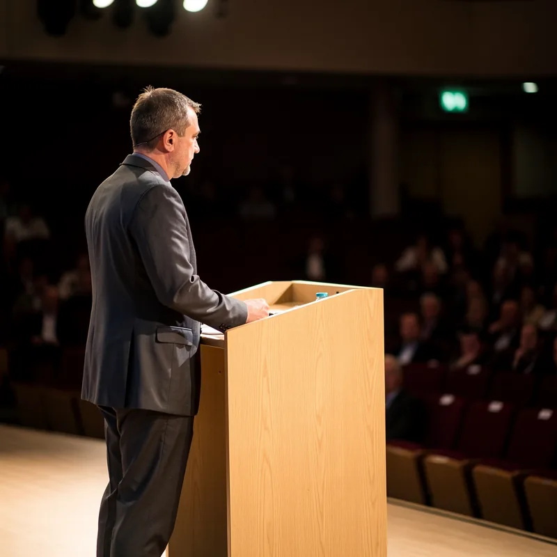 Prelegent przy mównicy podczas konferencji, ujęcie z boku sceny