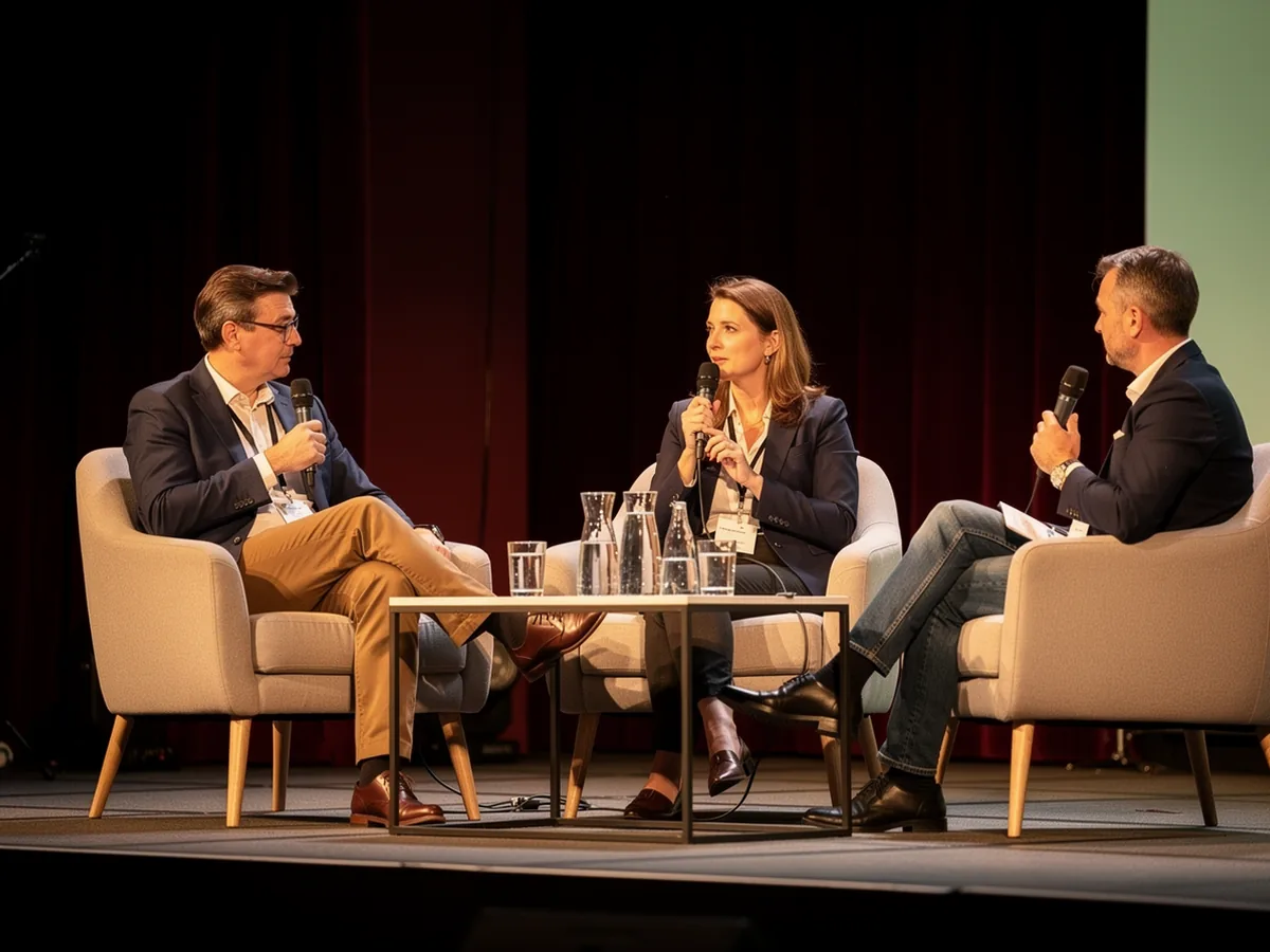 Panel dyskusyjny na scenie konferencji, rozmówcy w fotelach z mikrofonami